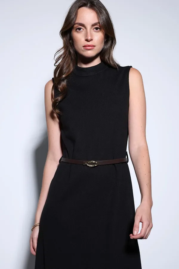 Antioch Black Women's Midi Dress with Belt Detail