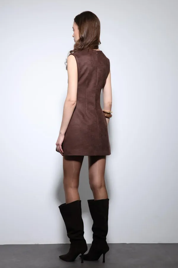 Antioch Kahve Dekolteli Kısa Elbise