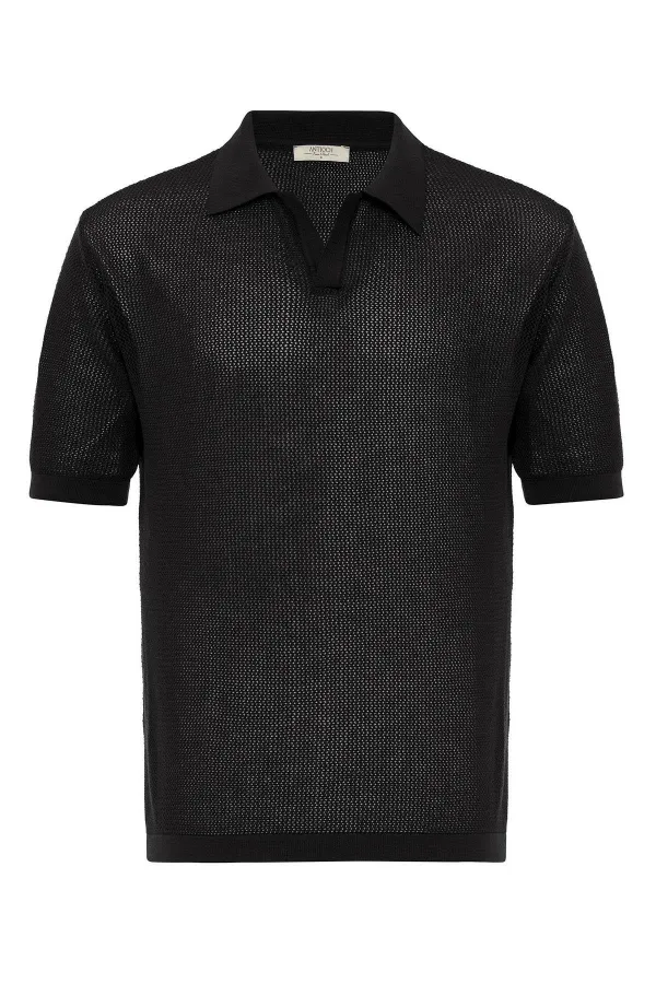 T-shirt homme Antioch noir à col polo ajouré