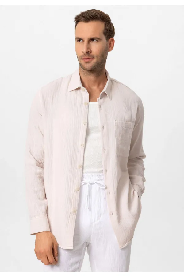 Antioch Ecru Muslin Fabric Long-Sleeve Men's Shirt