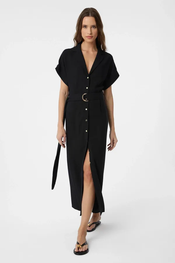 Antioch Black Linen Blend Belted Women's Dress
