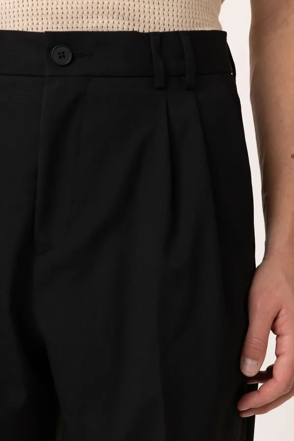 Antioch Siyah Çift Pileli Baggy Fit Erkek Pantolon