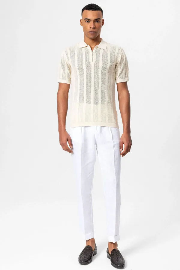 Antioch Ekru Polo Yaka Fermuarlı Örme Erkek T-Shirt