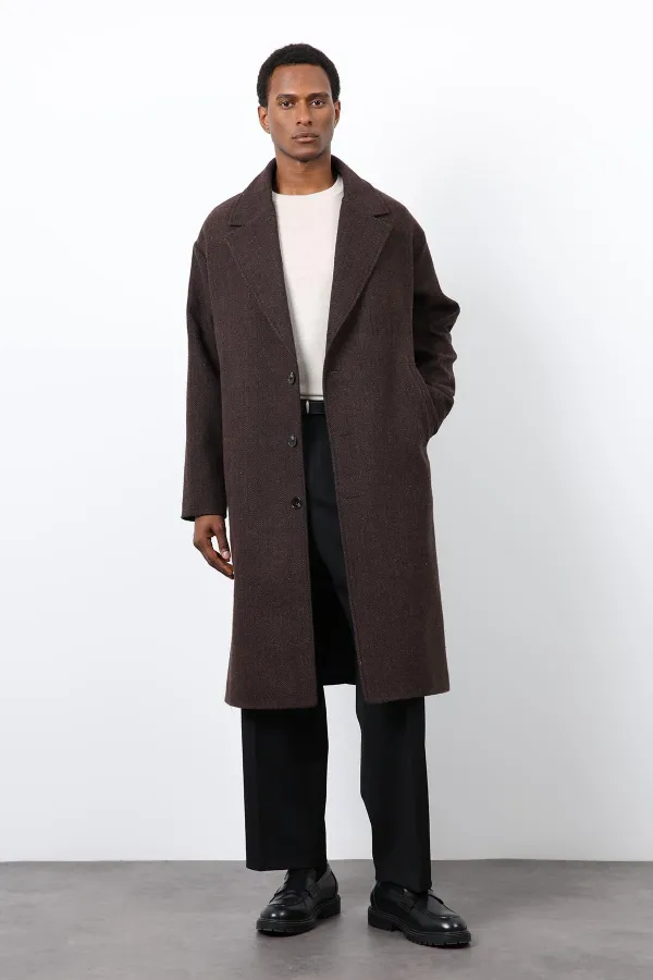 Antioch Kahve Relax Fit Balıksırtı Desenli Erkek Kaban