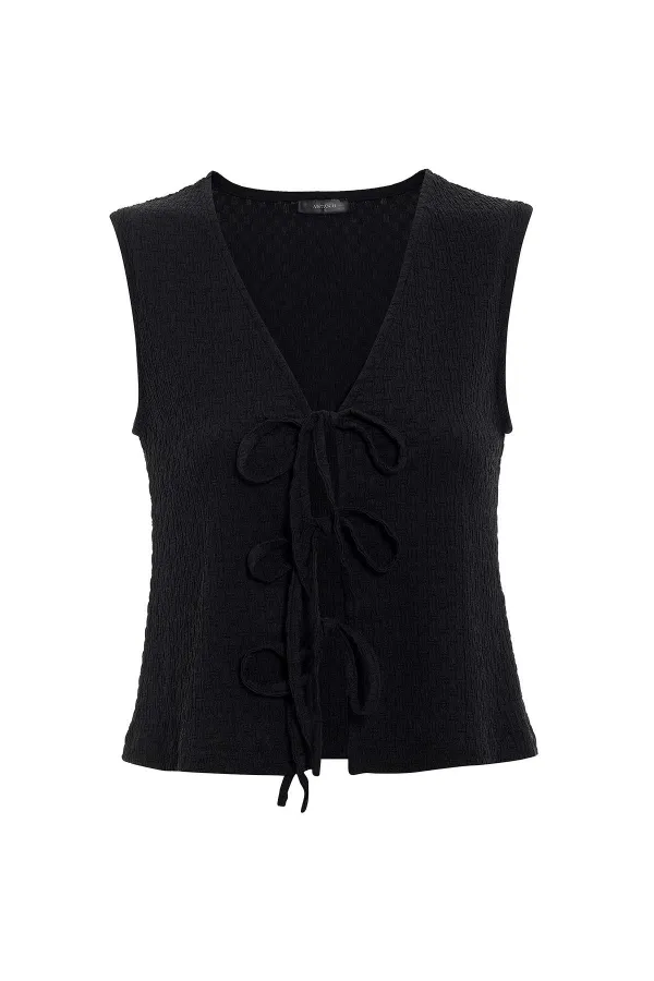 Antioch Black Textured Women's Suit with Tie Detail