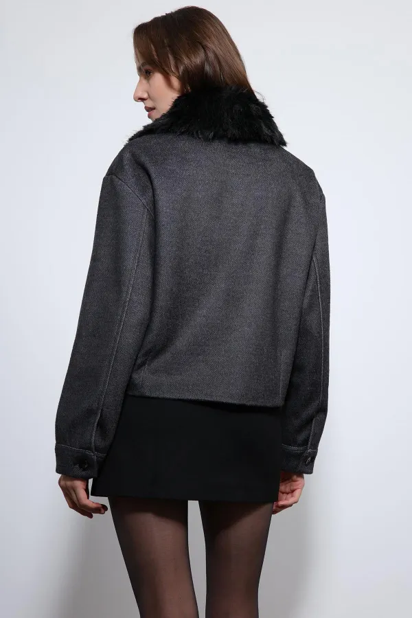 Antioch Anthracite Wool Blend Faux Fur Collar Jacket