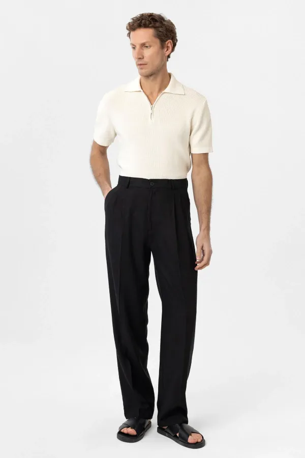 Antioch Siyah Keten Karışımlı Erkek Baggy Pantolon