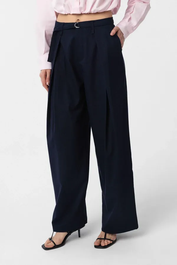 Antioch Lacivert Kemerli Pilili Kadın Pantolon