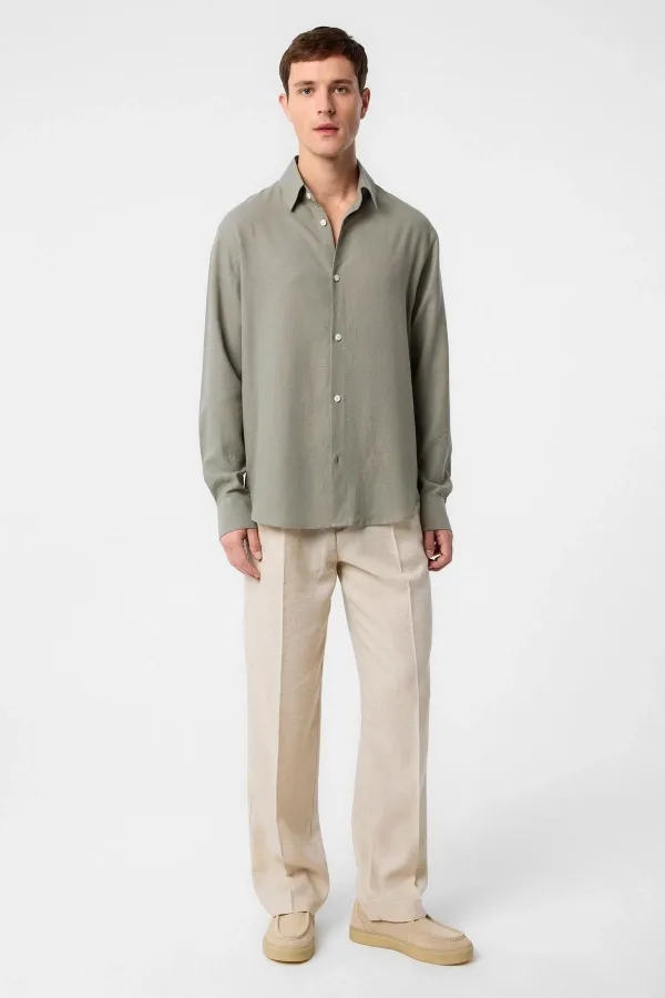 Antioch Haki Relax Fit Keten Karışımlı Erkek Gömlek