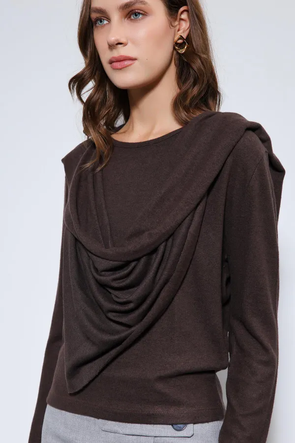 Antioch Coffee Draped Shawl Detailed Top