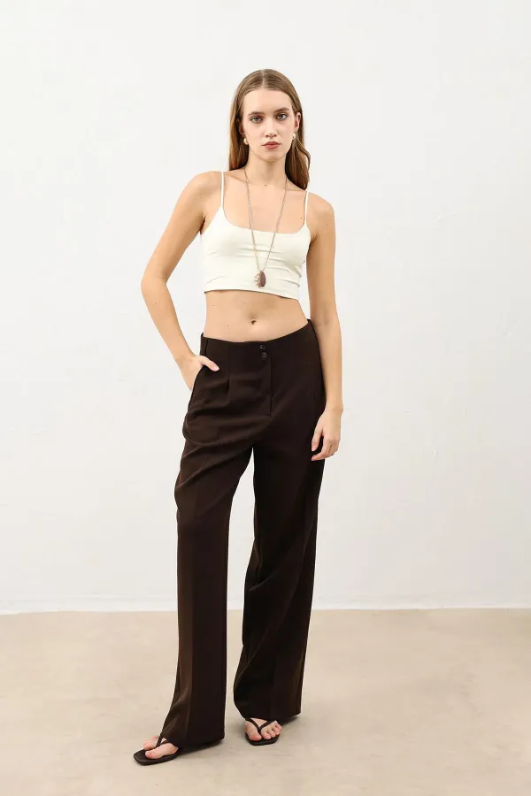 Antioch Dark Brown Wide Leg Women's Trousers with Pens Detail