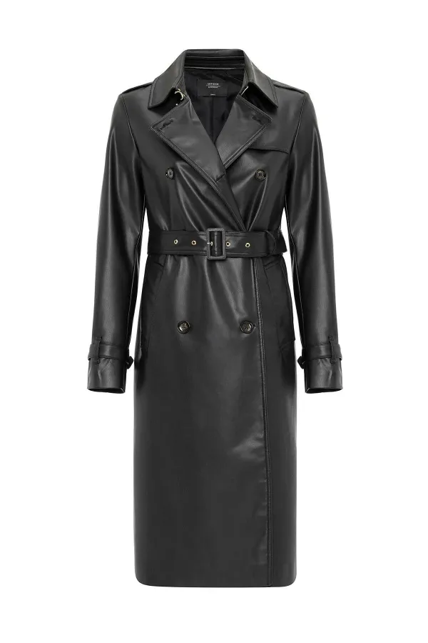 Antioch Siyah Kadın Suni Deri Kemerli Trençkot