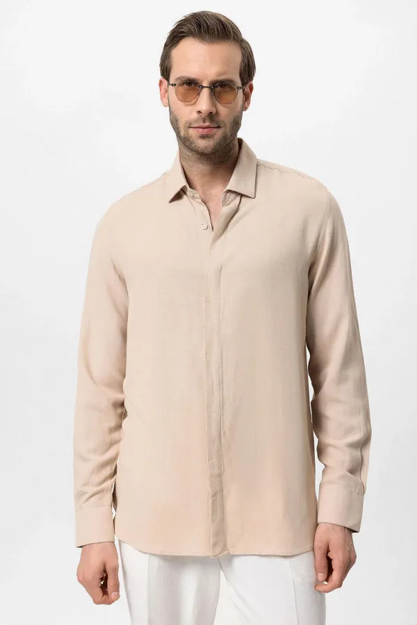 Antioch Beige Concealed Button Linen Blend Men's Shirt