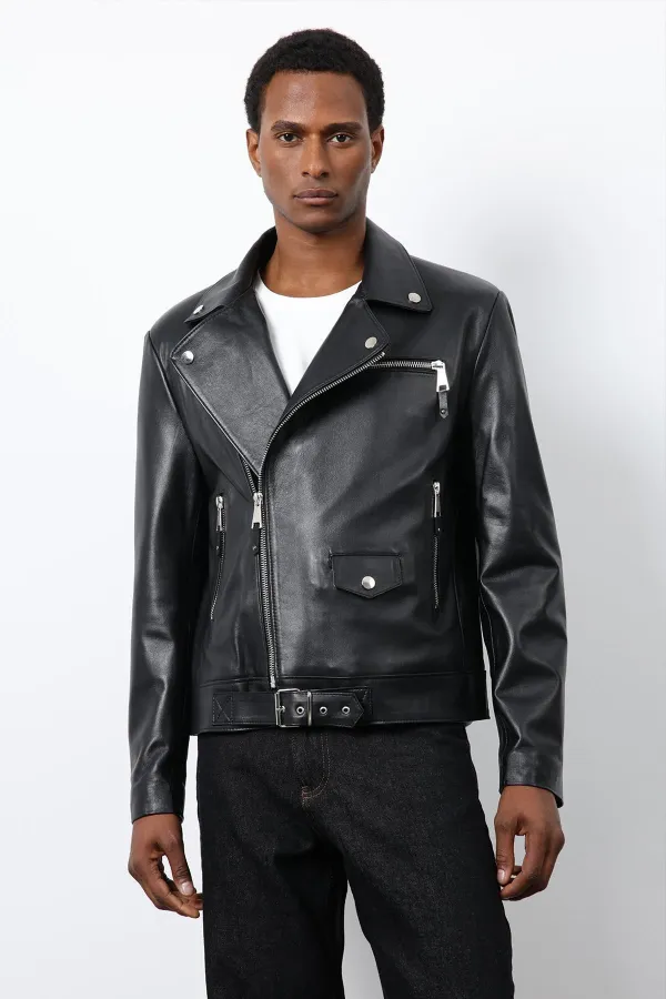 Antioch Siyah 100% Deri Biker Ceket