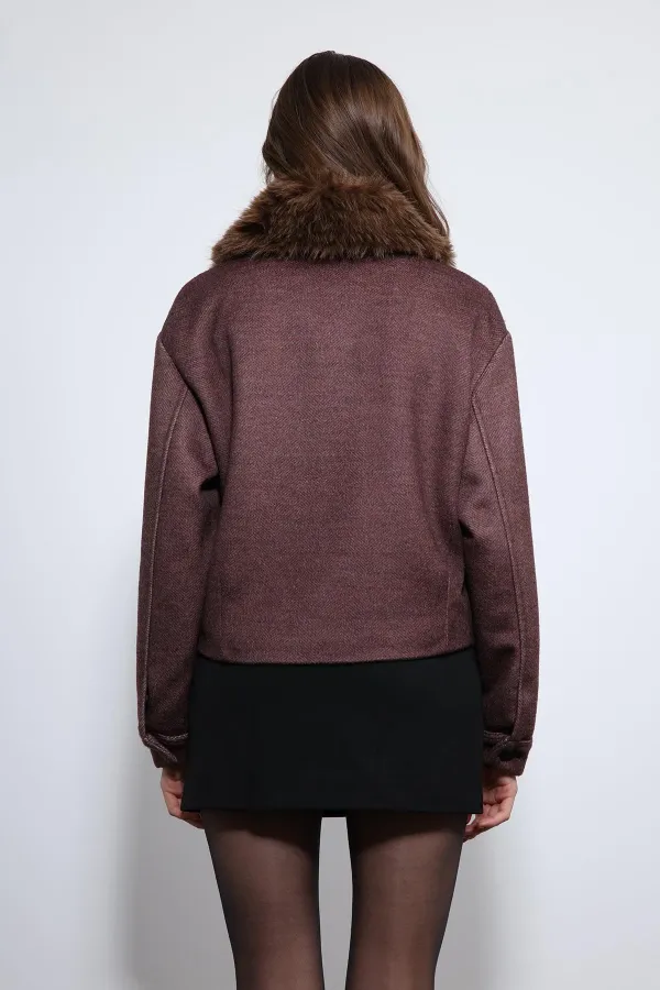Veste Antioch bordeaux en laine mélangée à col en fausse fourrure