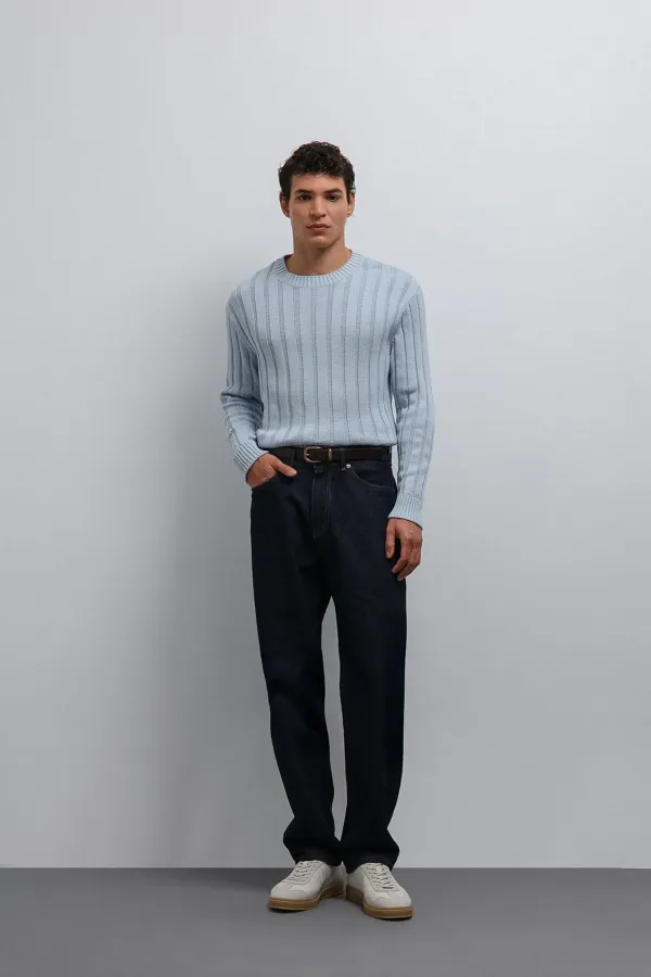 Antioch Mavi 100% Pamuk Fitilli Erkek Kazak