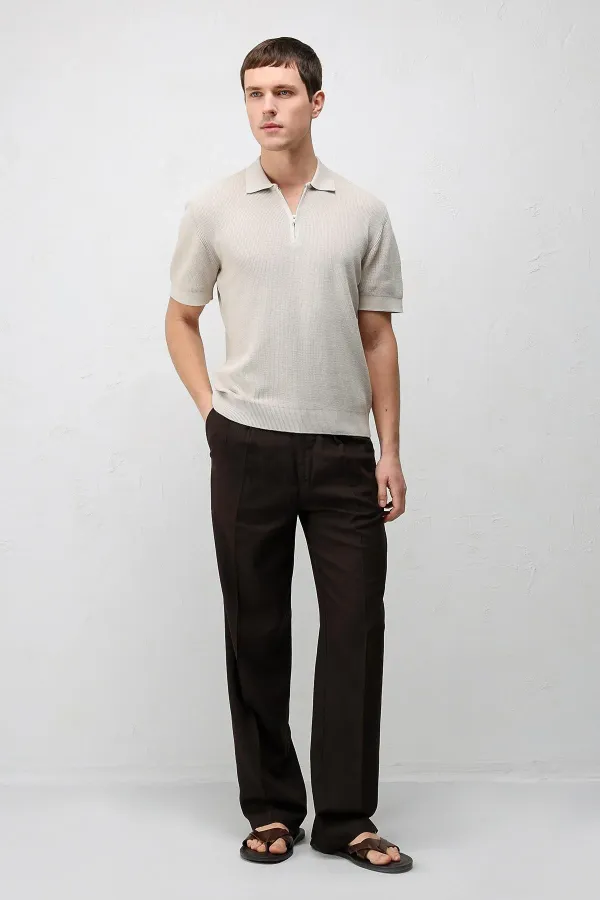 Antioch Taş Comfort Slim Fermuarlı Erkek Triko T-Shirt