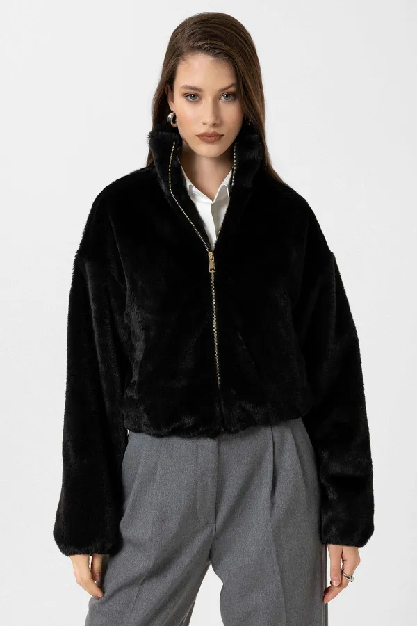 Antioch Black Women's Faux Fur Coat with Elastic Waistband