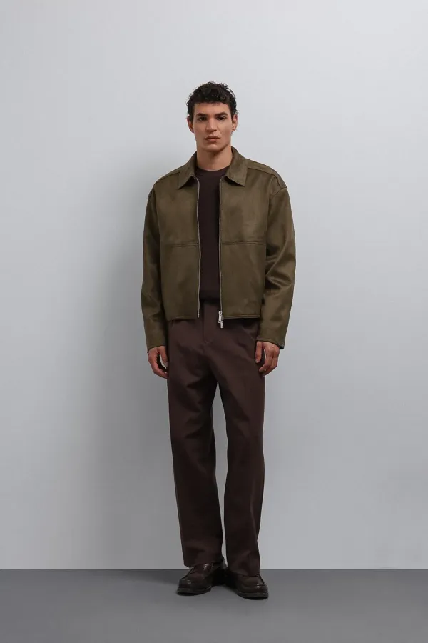 Antioch Haki Fermuarlı Suni Süet Erkek Mont