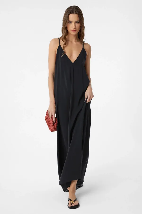 Antioch Siyah Askılı Modal Uzun Kadın Elbise