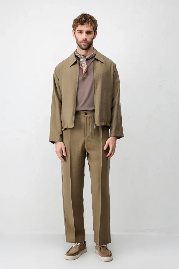 Antioch Khaki Lyocell Relaxed Fit Pleated Men's Trousers Antioch Khaki Lyocell Relaxed Fit Pleated Men's Trousers
