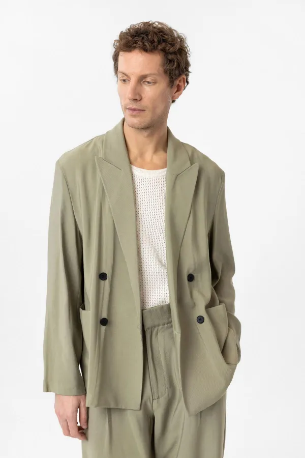 Antioch Haki Relax Fit Diagonel İnce Erkek Blazer Ceket