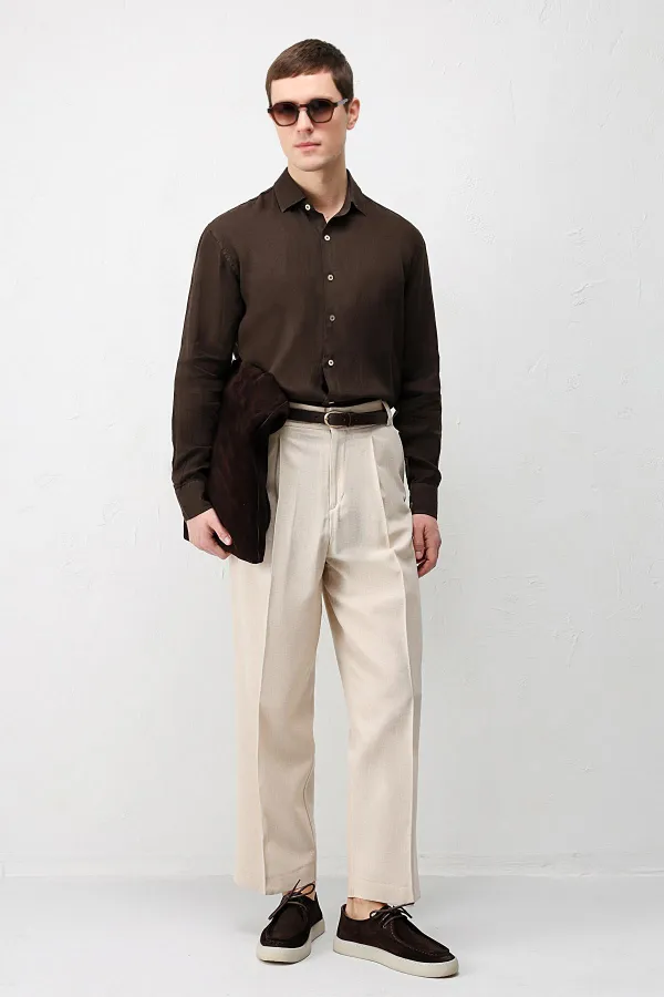 Antioch Kahve 100% Keten Relax Fit Erkek Gömlek