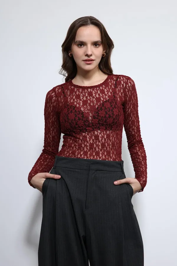 Antioch Bordo Dantel Detaylı Transparan Bluz