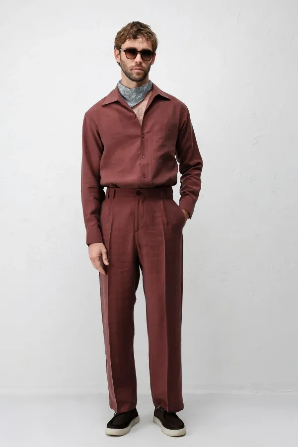 Pantalon homme Antioch Burgundy Lyocell coupe décontractée plissé