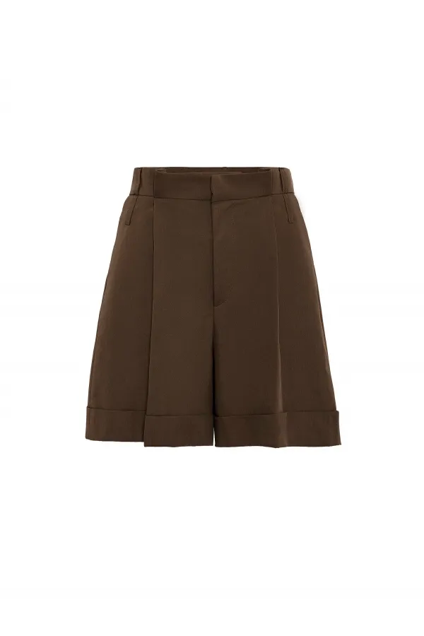 Antioch Kahve Yüksek Bel Pensli  Kadın Bermuda Şort