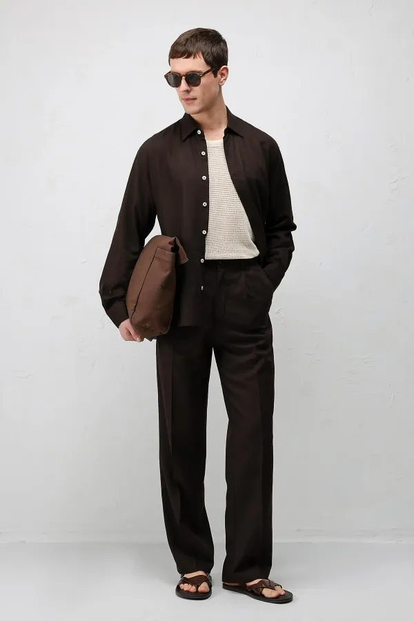 Chemise homme Antioch Coffee en lin mélangé coupe décontractée