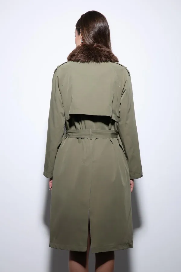 Antioch Haki Suni Kürklü Yaka Kadın Trençkot