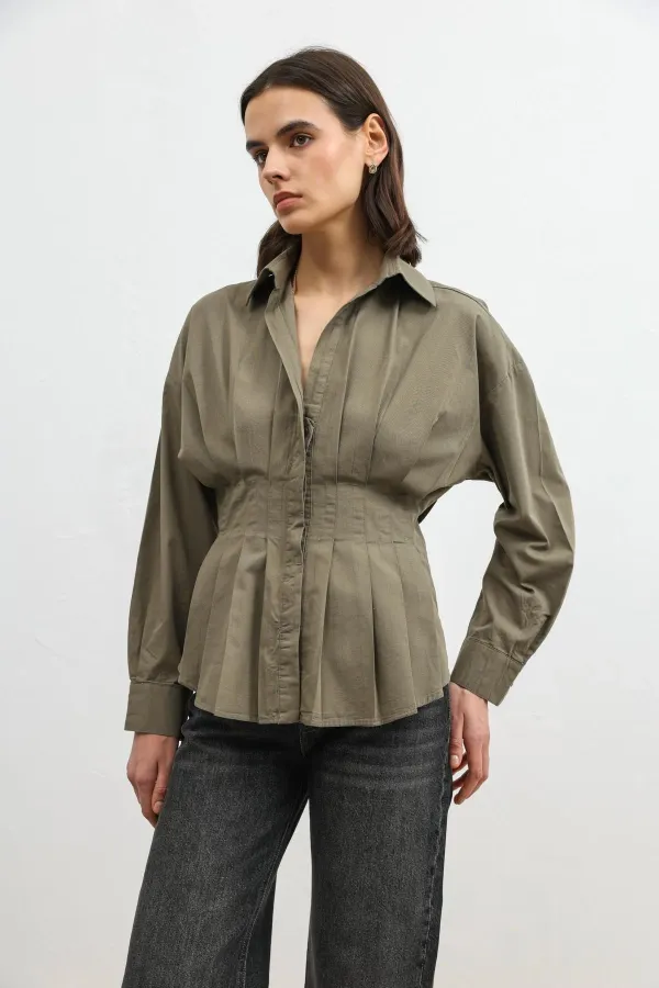 Antioch Haki Pilili Poplin Kadın Gömlek