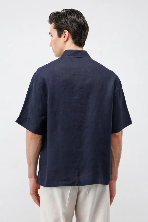 Chemise homme Antioch bleu marine 100 % lin coupe décontractée