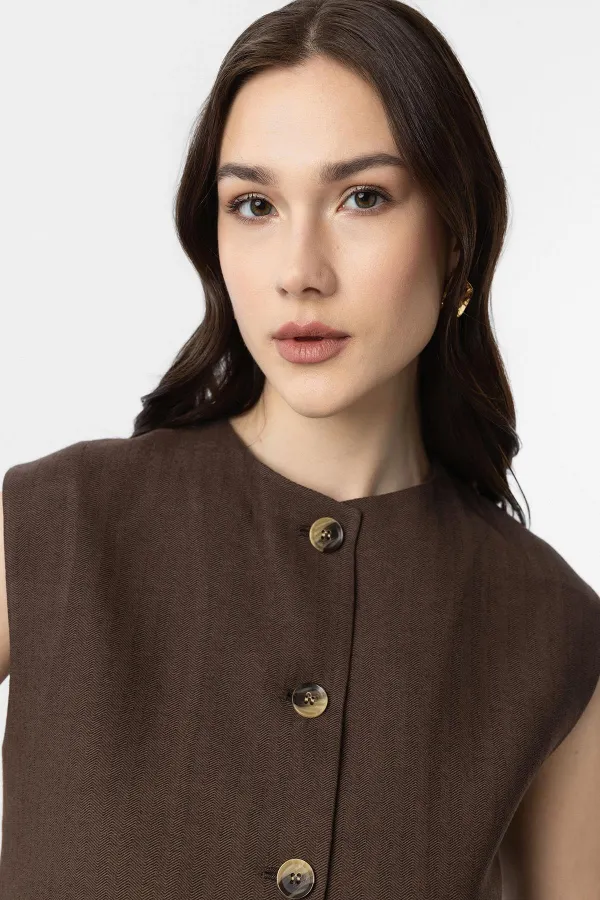 Antioch Kahve Keten Karışımlı Kadın Yelek