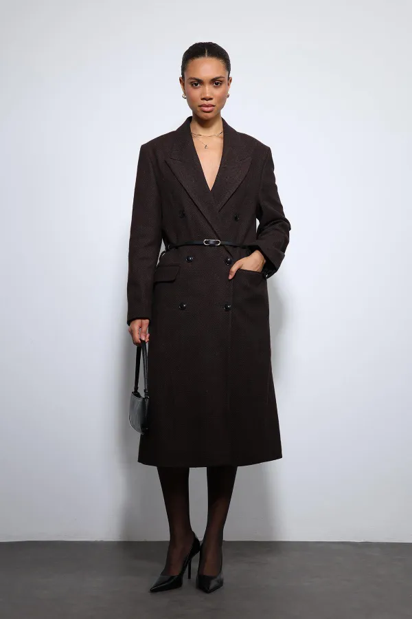 Antioch Kahve Balıksırtı Desenli Kemerli Kaban