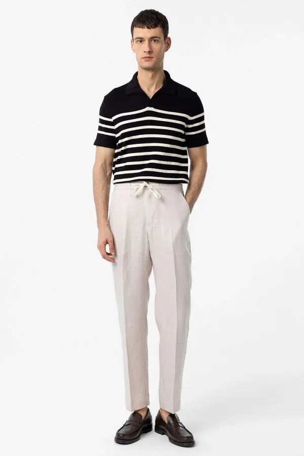 Antioch Siyah/Ekru Polo Yaka Çizgili Erkek Triko T-Shirt