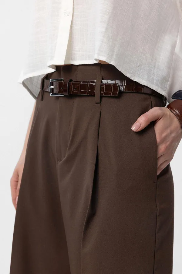 Antioch Kahve Yüksek Bel Pilili Kadın Pantolon