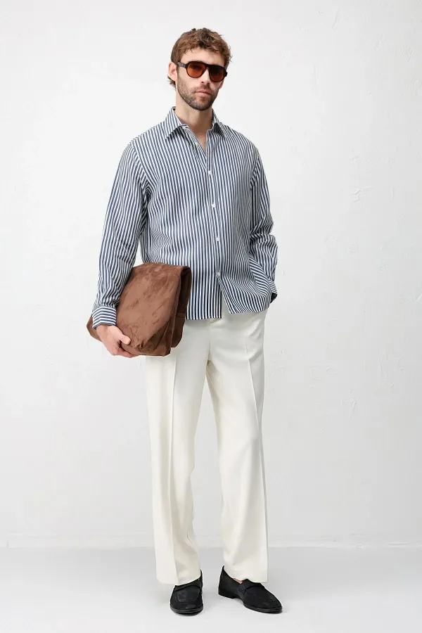 Chemise rayée Antioch bleu marine en mélange lyocell, coupe décontractée, pour homme