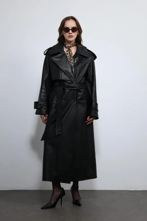 Antioch Black Textured Faux Leather Trench Coat