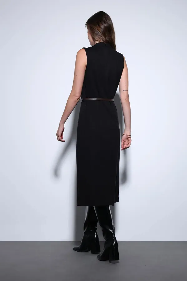 Antioch Black Women's Midi Dress with Belt Detail