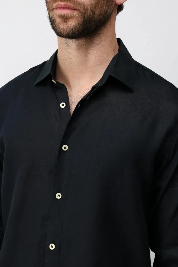Antioch Siyah 100% Keten Relax Fit Erkek Gömlek