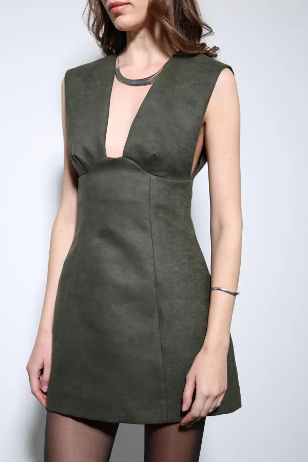 Antioch Haki Dekolteli Kısa Elbise