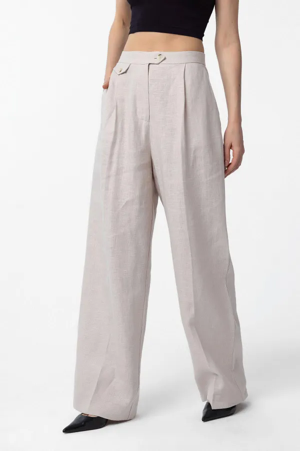 Antioch Bej 100% Keten Yüksek Bel Pilili Kadın Pantolon