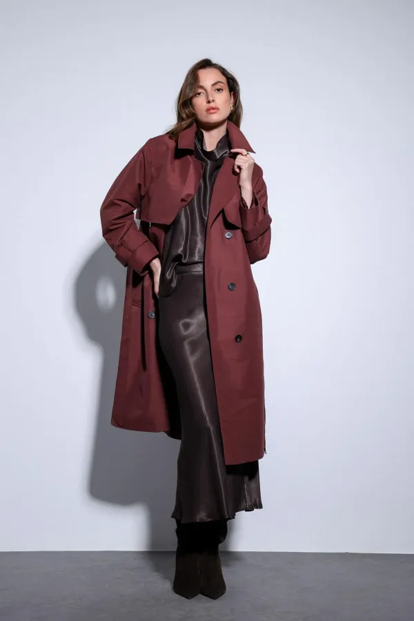 Trench-coat Antioch bordeaux à double boutonnage et ceinture pour femme