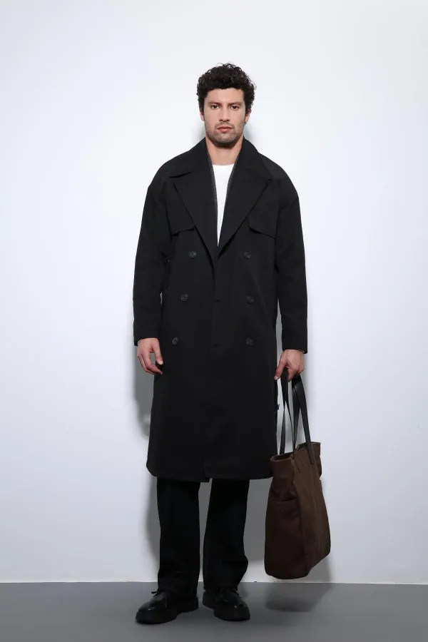 Trench-coat Antioch noir à double boutonnage avec ceinture