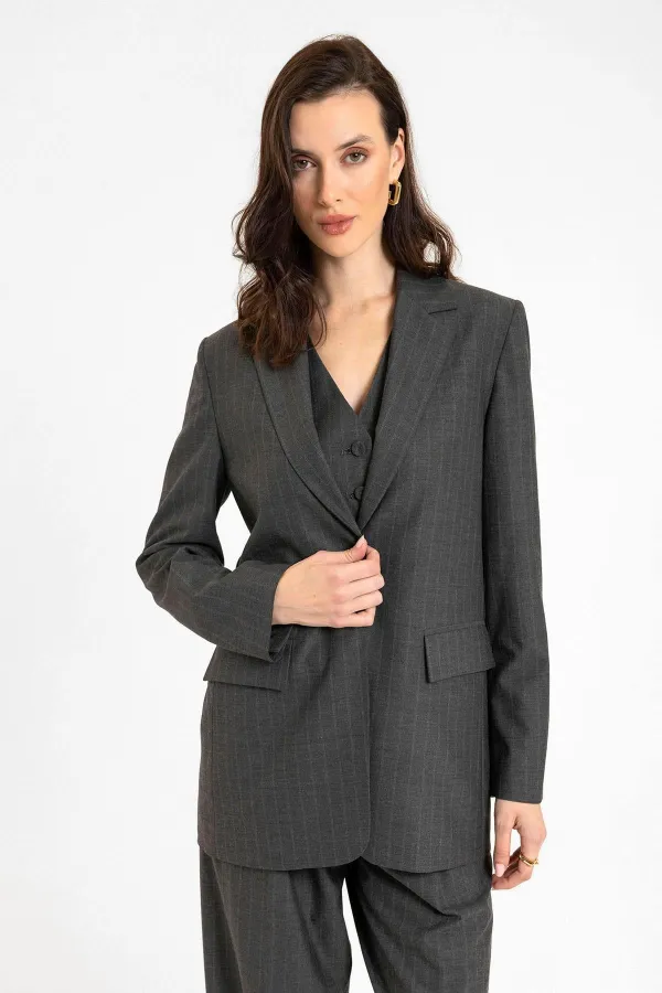Antioch Anthracite Women's Single Button Striped Blazer Jacket
