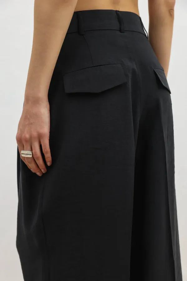 Antioch Siyah Lyocell Karışımlı Geniş Paça Kadın Pantolon