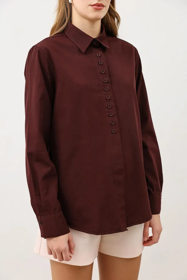 Antioch Bordo Düğme Detaylı Poplin Gömlek