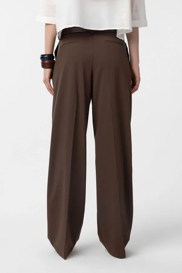 Antioch Kahve Yüksek Bel Pilili Kadın Pantolon